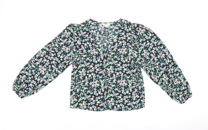 Marks and Spencer Womens Blue Floral Polyester Basic Blouse Size 8 V-Neck