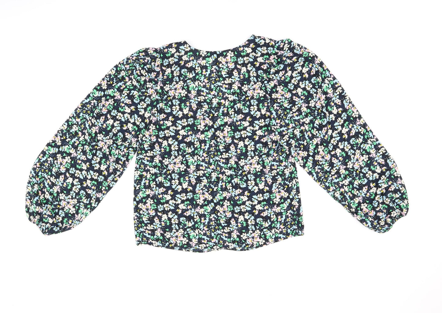 Marks and Spencer Womens Blue Floral Polyester Basic Blouse Size 8 V-Neck