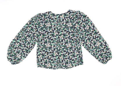 Marks and Spencer Womens Blue Floral Polyester Basic Blouse Size 8 V-Neck