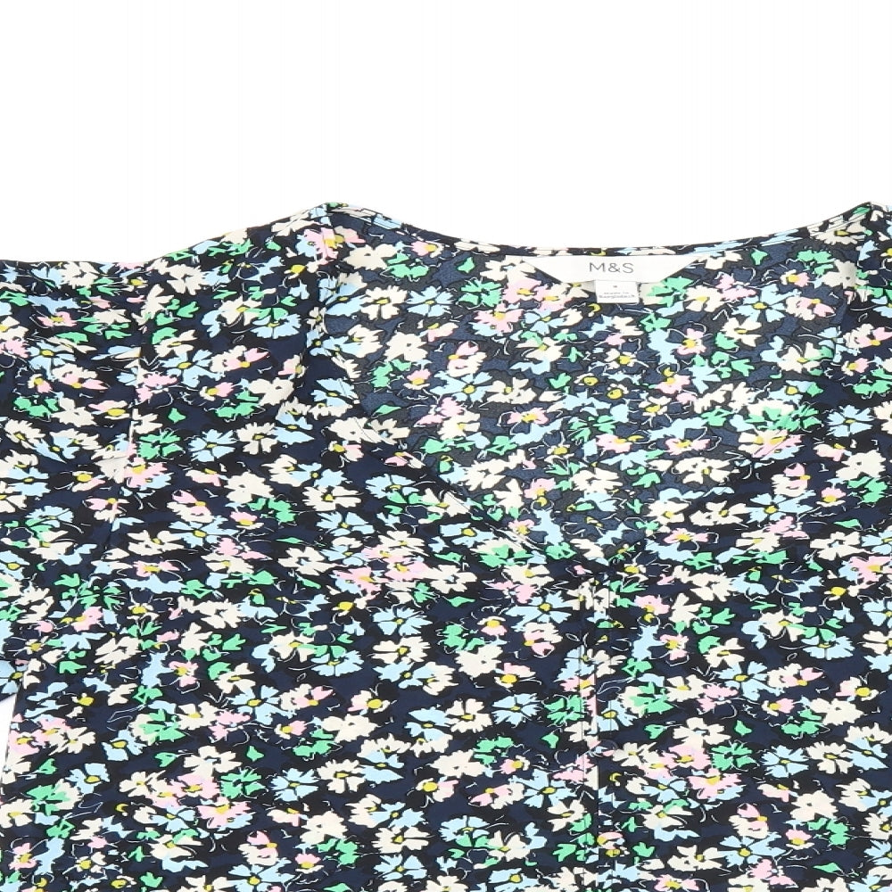 Marks and Spencer Womens Blue Floral Polyester Basic Blouse Size 8 V-Neck
