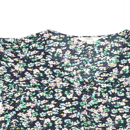 Marks and Spencer Womens Blue Floral Polyester Basic Blouse Size 8 V-Neck