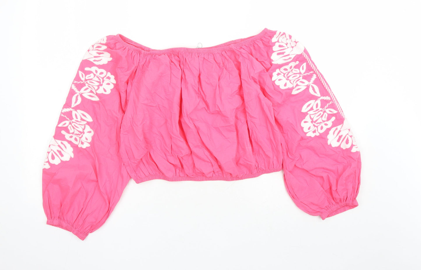 Marks and Spencer Womens Pink Floral 100% Cotton Cropped Blouse Size 18 Boat Neck - Embroidered Detail