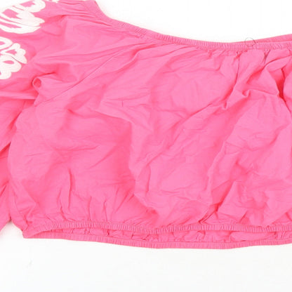 Marks and Spencer Womens Pink Floral 100% Cotton Cropped Blouse Size 18 Boat Neck - Embroidered Detail