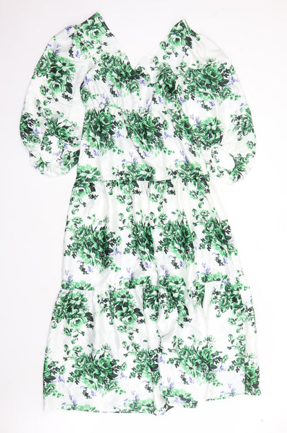 Marks and Spencer Womens White Floral Polyester Maxi Size 8 V-Neck Pullover