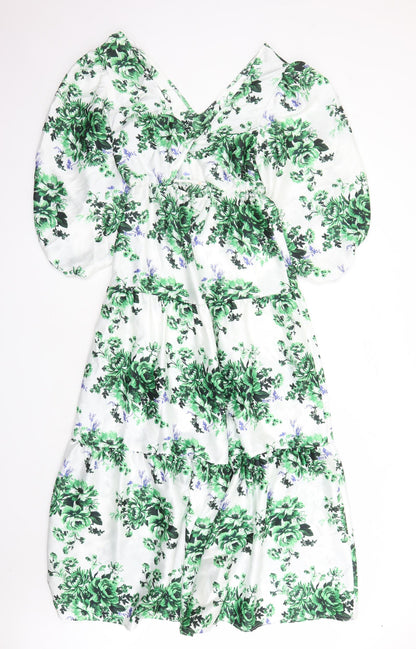Marks and Spencer Womens White Floral Polyester Maxi Size 8 V-Neck Pullover