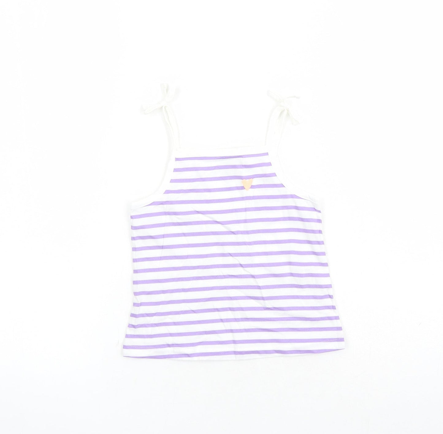 Marks and Spencer Girls White Striped Cotton Camisole Tank Size 2-3 Years Square Neck Tie - Heart Detail