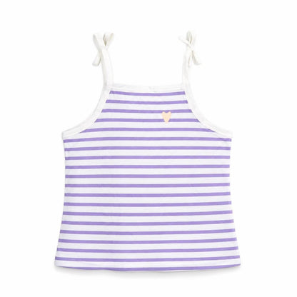 Front view of Marks & Spencer girls’ white striped cotton camisole tank, size 2-3, years square neck tie - heart detail