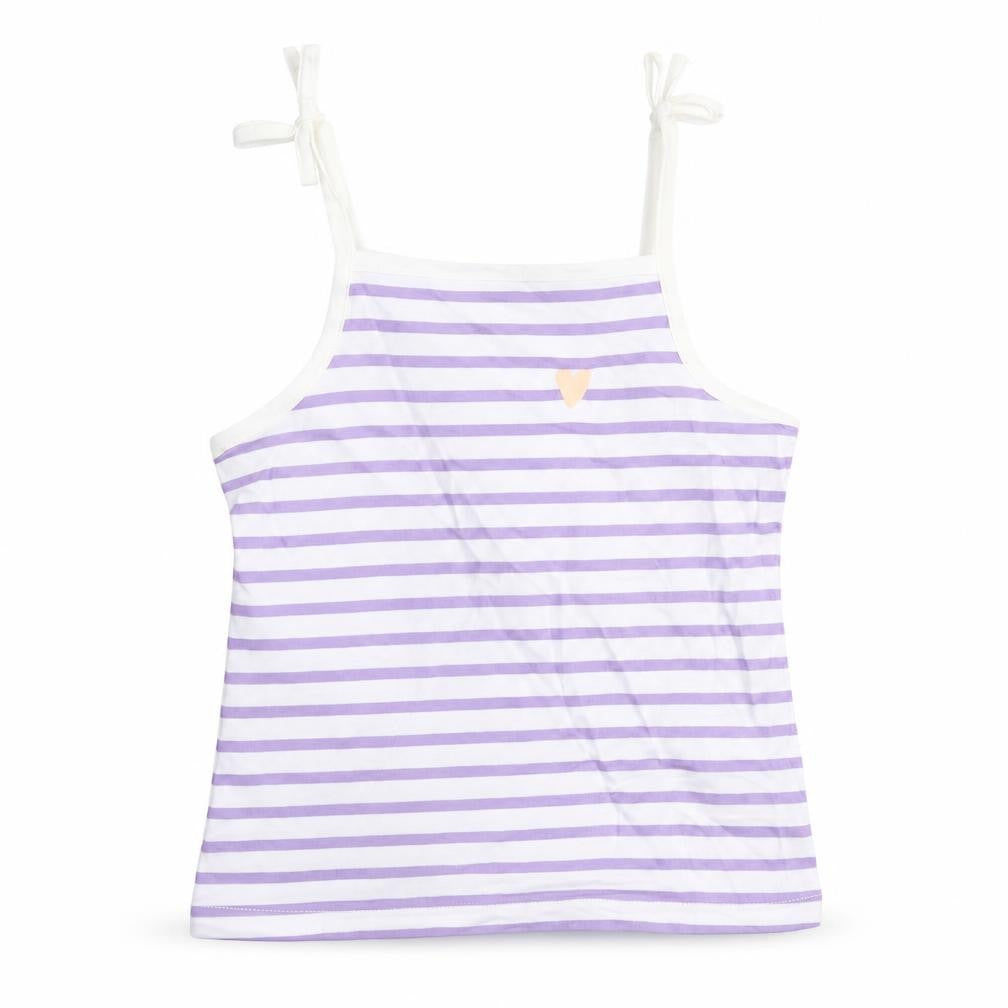 Front view of Marks & Spencer girls’ white striped cotton camisole tank, size 3-4, years square neck tie - heart detail