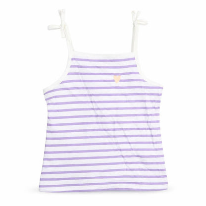 Front view of Marks & Spencer girls’ white striped cotton camisole tank, size 3-4, years square neck tie - heart detail