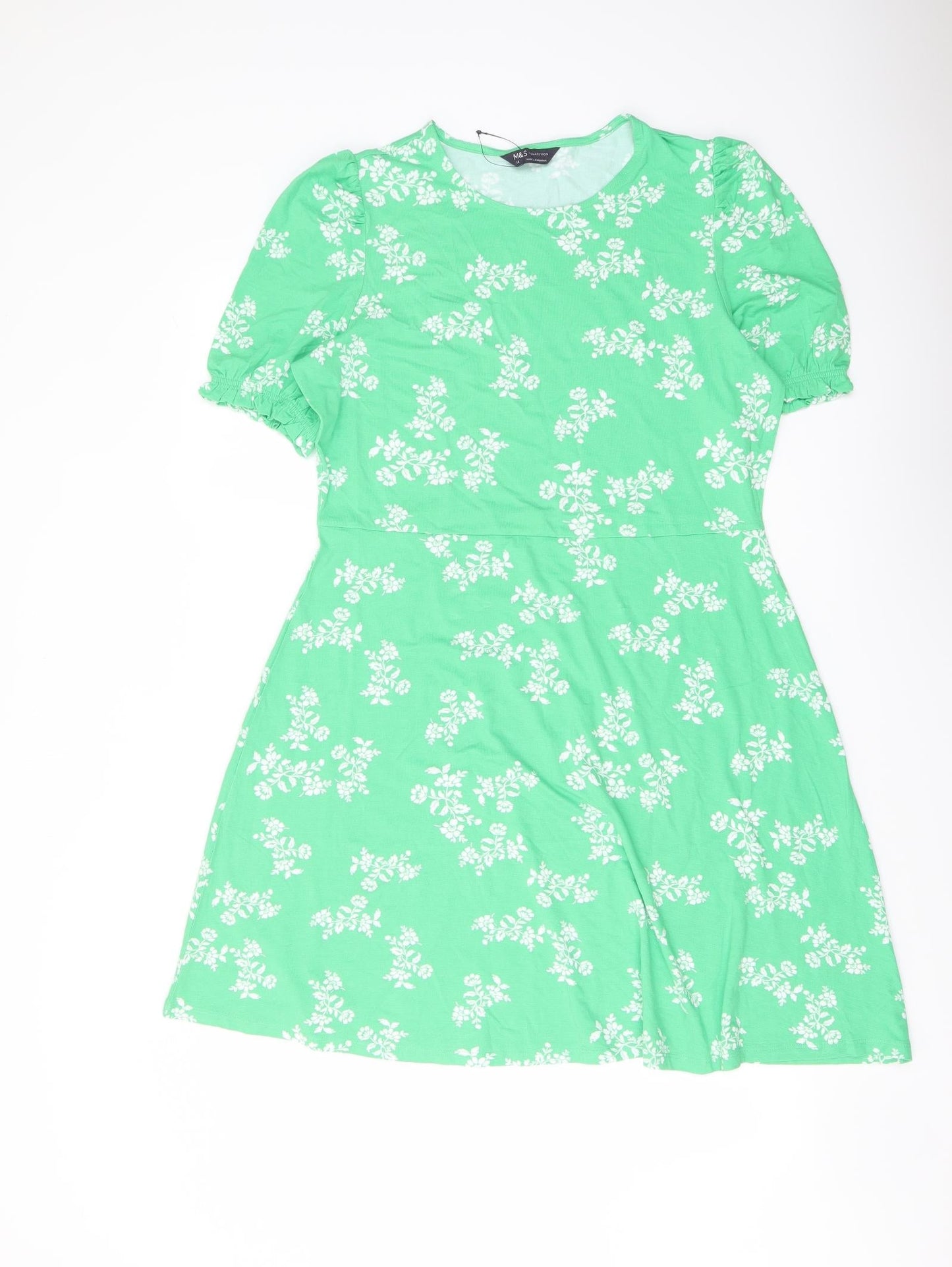 Marks and Spencer Womens Green Floral Viscose A-Line Size 14 Crew Neck Pullover