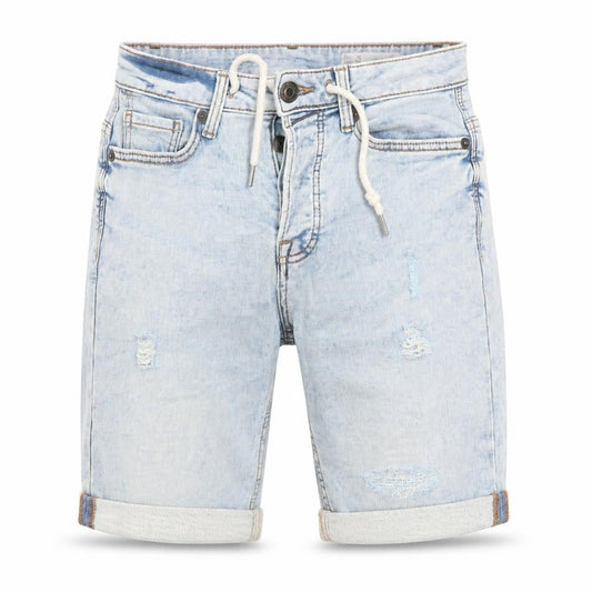 Front view of Denim & Co. men’s blue cotton bermuda shorts, size 28, in, 8-inch leg regular button