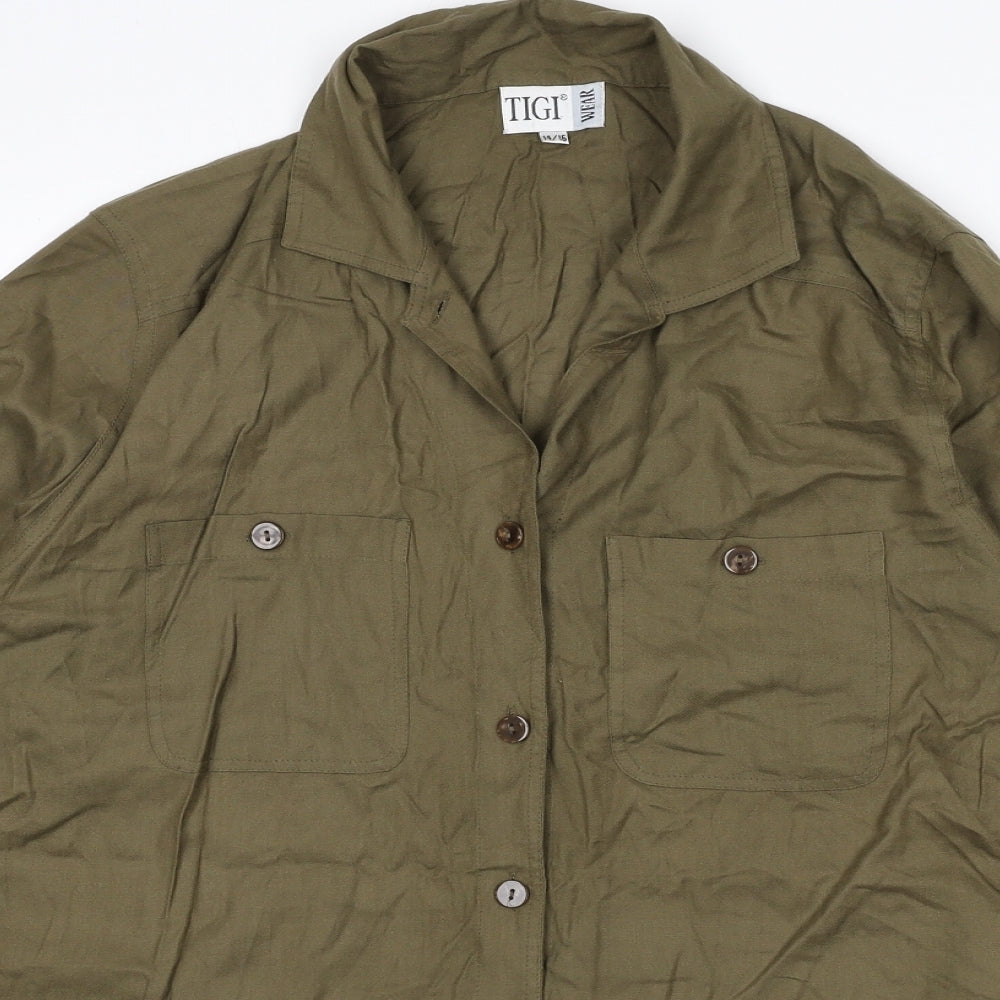 TIGI Womens Green Viscose Basic Button-Up Size 14 Collared - Size 14-16
