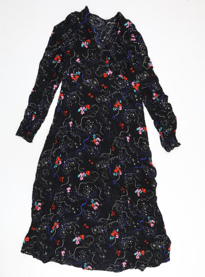 Marks and Spencer Womens Black Geometric Viscose A-Line Size 10 V-Neck Zip - Flowers