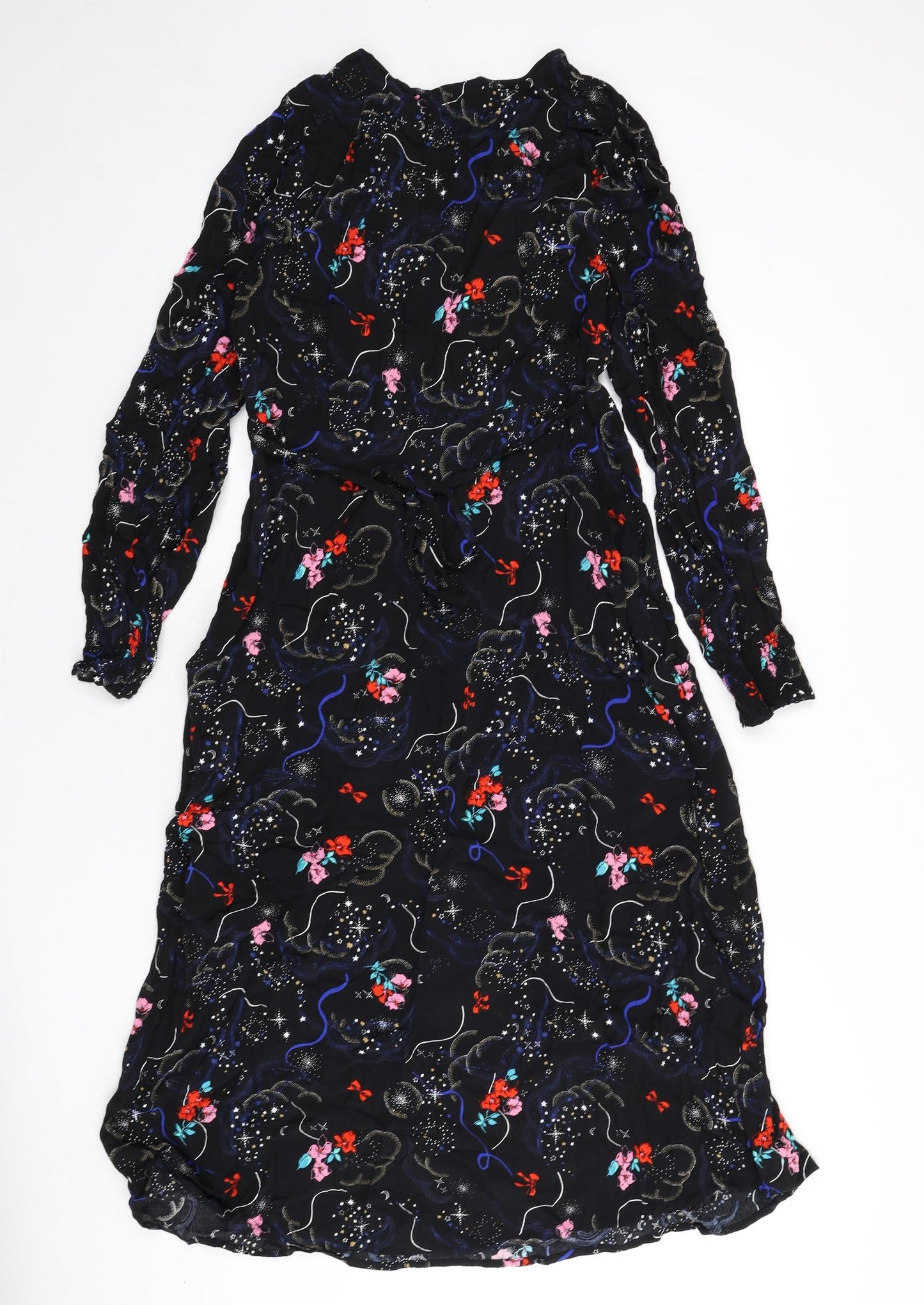 Marks and Spencer Womens Black Geometric Viscose A-Line Size 10 V-Neck Zip - Flowers