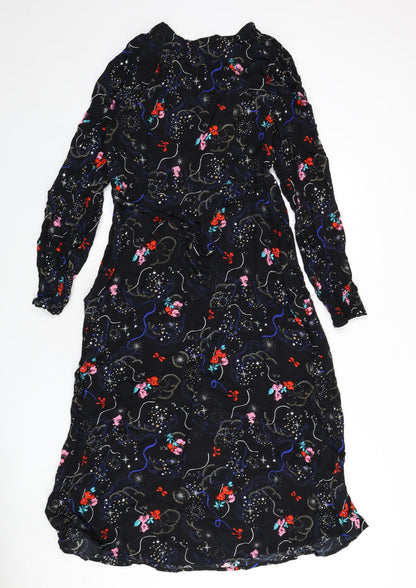 Marks and Spencer Womens Black Geometric Viscose A-Line Size 10 V-Neck Zip - Flowers