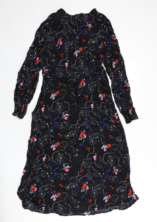 Marks and Spencer Womens Black Geometric Viscose A-Line Size 10 V-Neck Zip - Flowers