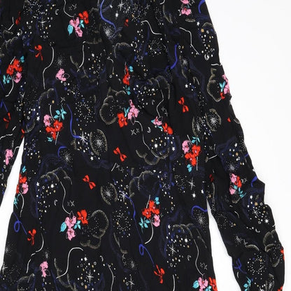 Marks and Spencer Womens Black Geometric Viscose A-Line Size 10 V-Neck Zip - Flowers