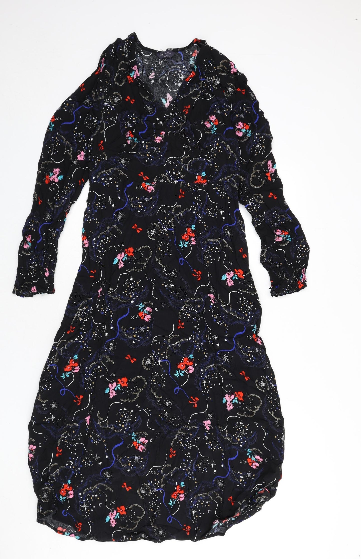 Marks and Spencer Womens Black Viscose A-Line Size 8 V-Neck Zip - Flowers