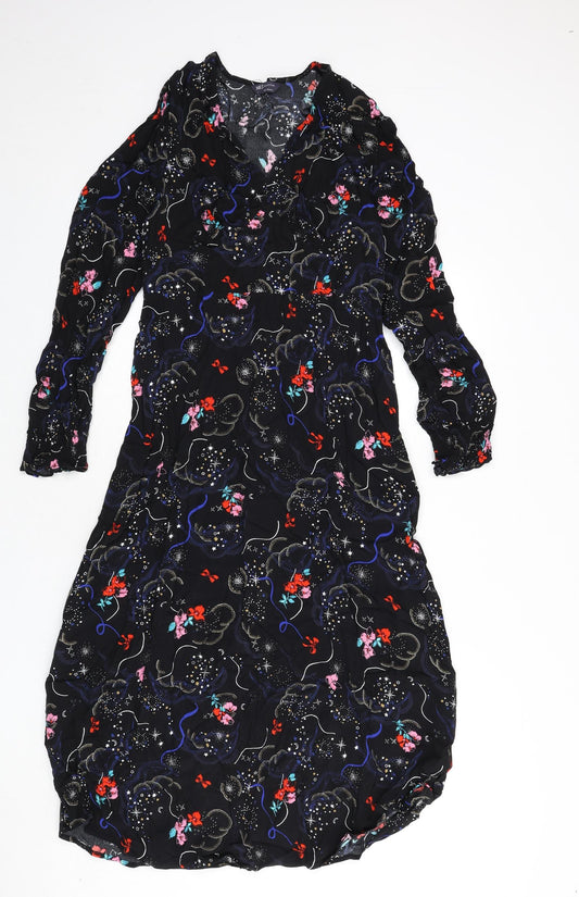Marks and Spencer Womens Black Viscose A-Line Size 8 V-Neck Zip - Flowers