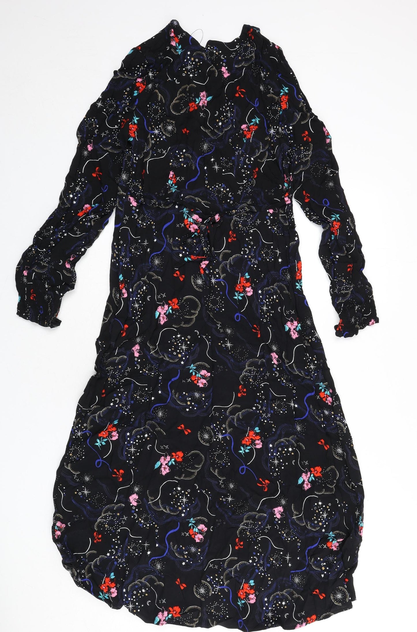 Marks and Spencer Womens Black Viscose A-Line Size 8 V-Neck Zip - Flowers