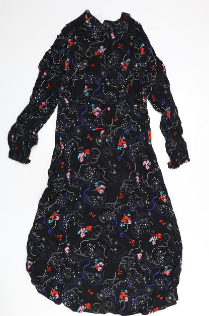 Marks and Spencer Womens Black Viscose A-Line Size 8 V-Neck Zip - Flowers