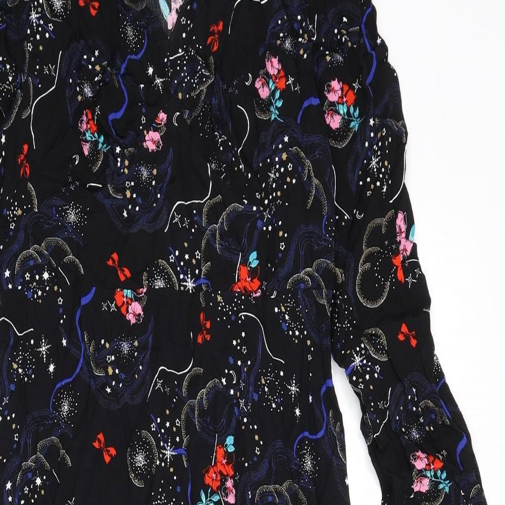 Marks and Spencer Womens Black Viscose A-Line Size 8 V-Neck Zip - Flowers