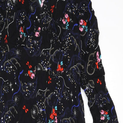 Marks and Spencer Womens Black Viscose A-Line Size 8 V-Neck Zip - Flowers