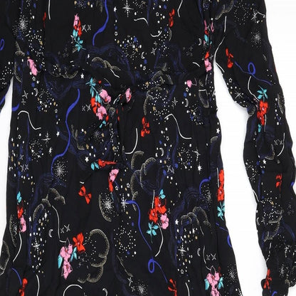 Marks and Spencer Womens Black Viscose A-Line Size 8 V-Neck Zip - Flowers