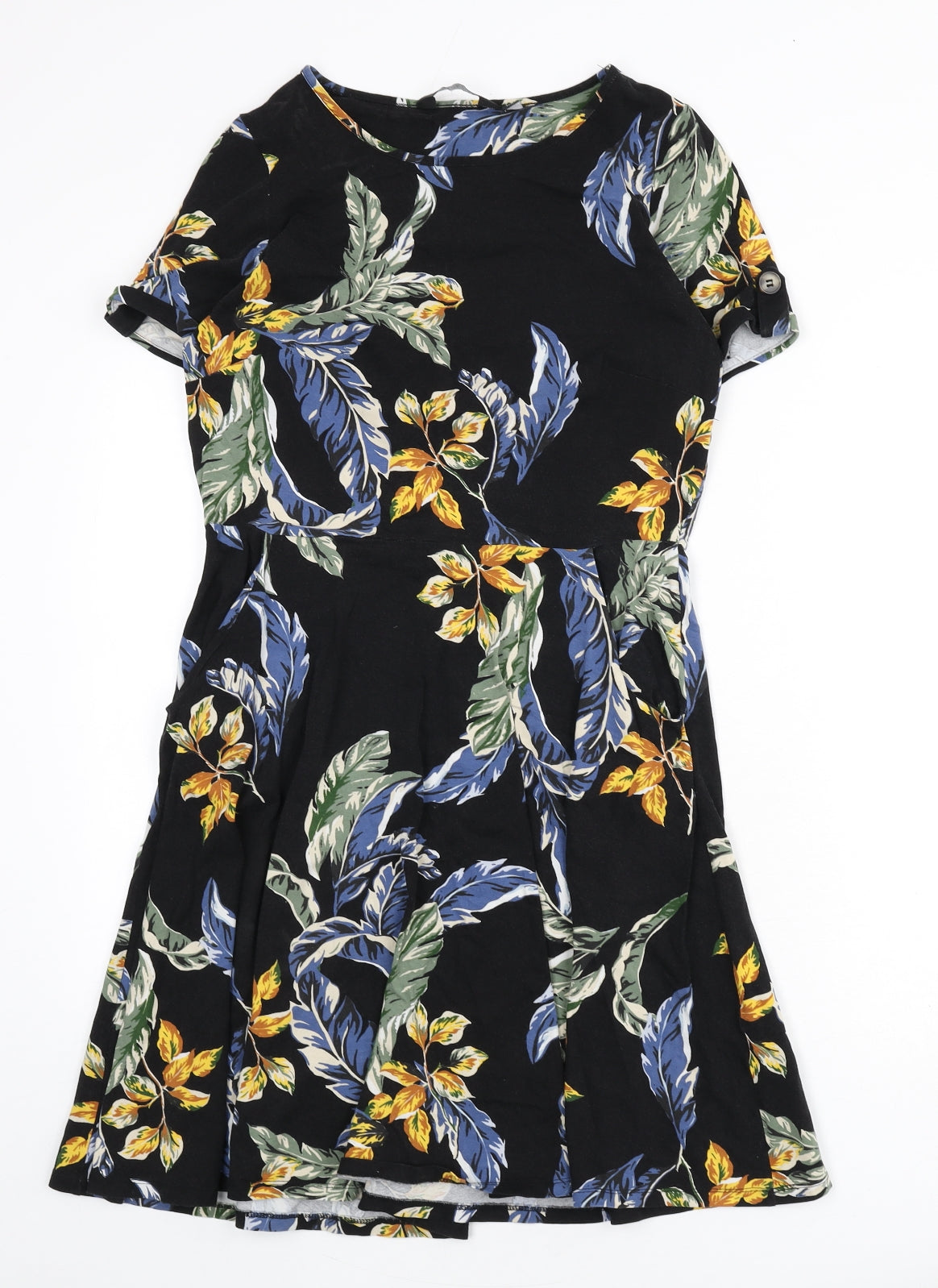 Dorothy Perkins Womens Black Geometric Cotton A-Line Size 14 Round Neck Pullover - Leaf Print