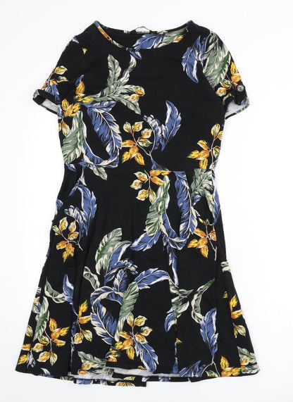 Dorothy Perkins Womens Black Geometric Cotton A-Line Size 14 Round Neck Pullover - Leaf Print