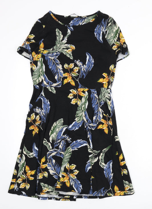 Dorothy Perkins Womens Black Geometric Cotton A-Line Size 14 Round Neck Pullover - Leaf Print