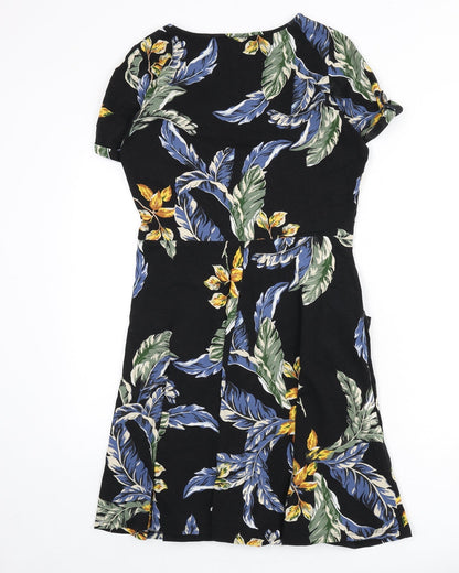 Dorothy Perkins Womens Black Geometric Cotton A-Line Size 14 Round Neck Pullover - Leaf Print