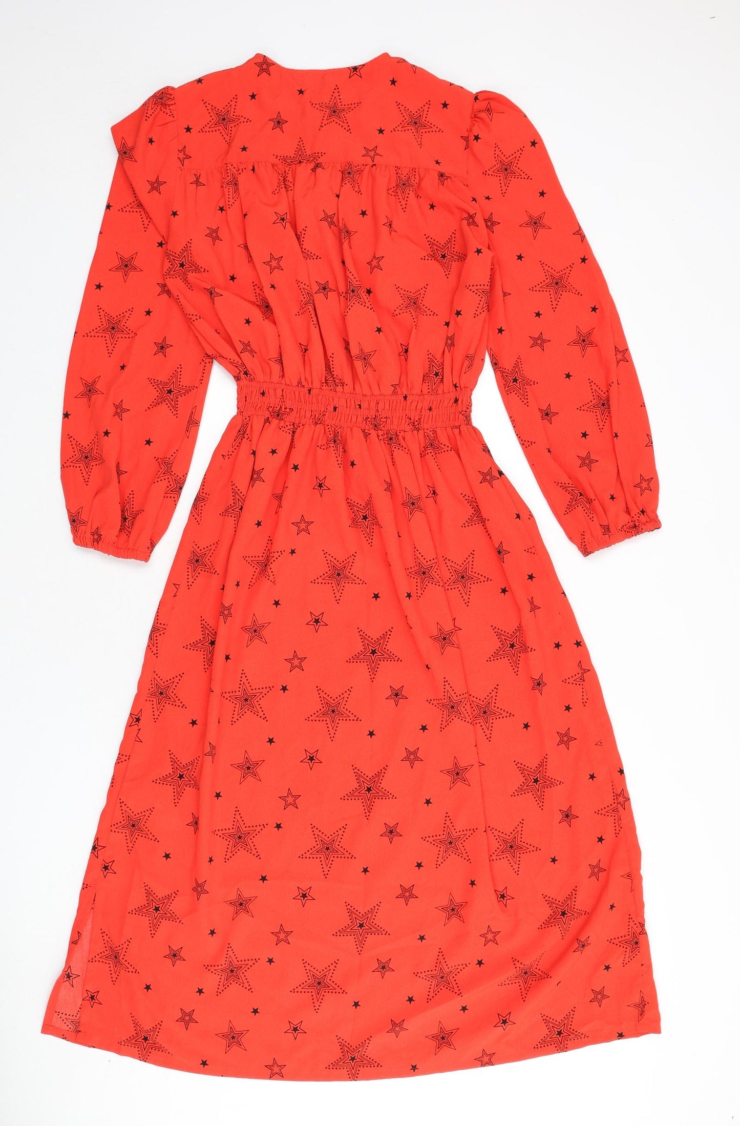 Marks and Spencer Womens Red Geometric Polyester A-Line Size 8 Round Neck Button - Star Print