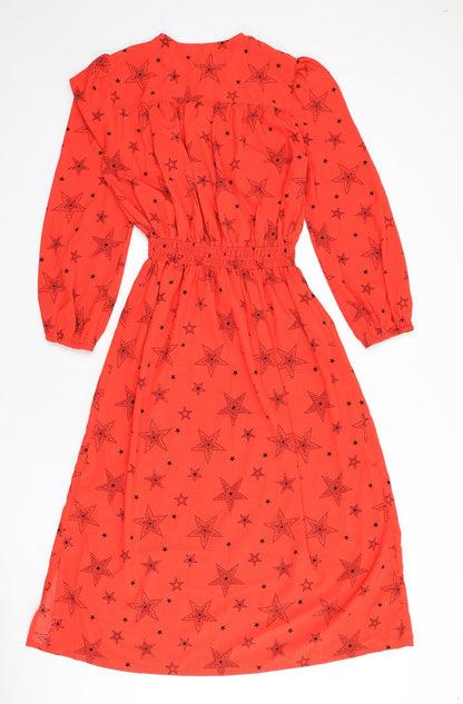 Marks and Spencer Womens Red Geometric Polyester A-Line Size 8 Round Neck Button - Star Print