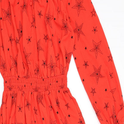 Marks and Spencer Womens Red Geometric Polyester A-Line Size 8 Round Neck Button - Star Print