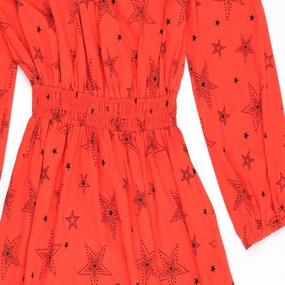 Marks and Spencer Womens Red Geometric Polyester A-Line Size 8 Round Neck Button - Star Print