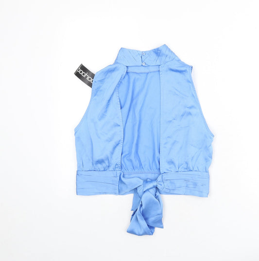 Boohoo Womens Blue Polyester Cropped Blouse Size 12 Mock Neck - Open Back