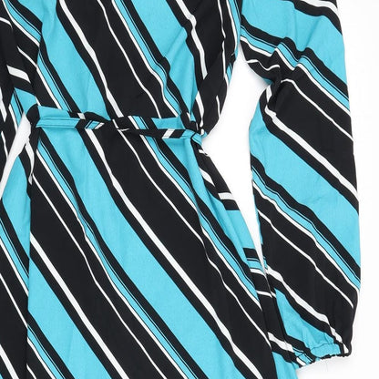 Marks and Spencer Womens Multicoloured Striped Polyester A-Line Size 10 Round Neck Button - Tie Detail