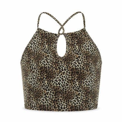 Front view of Urban renewal women’s multicoloured animal print polyester camisole tank, round neck - leopard print, keyhole