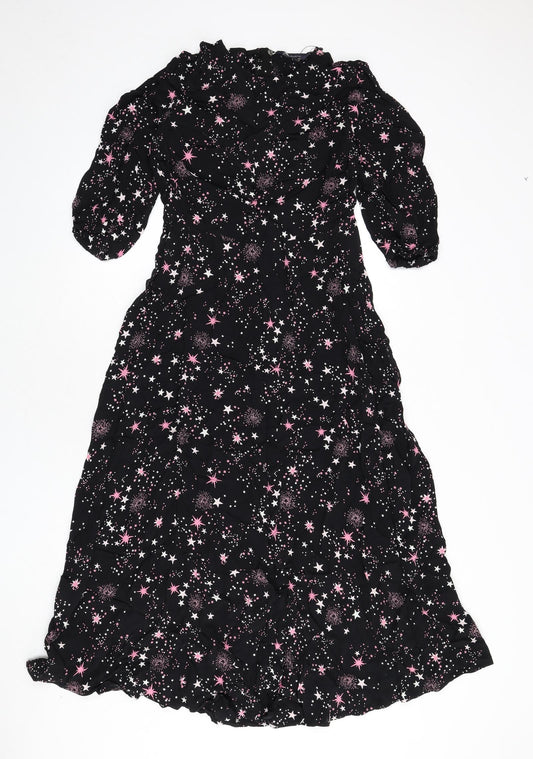 Marks and Spencer Womens Black Geometric Viscose A-Line Size 10 Round Neck Zip - Star Print