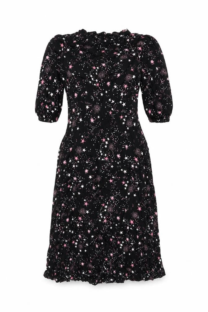 Marks and Spencer Womens Black Geometric Viscose A-Line Size 10 Round Neck Zip - Star Print