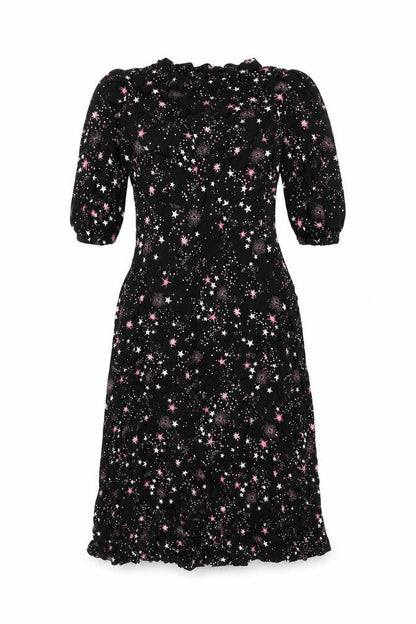 Marks and Spencer Womens Black Geometric Viscose A-Line Size 10 Round Neck Zip - Star Print