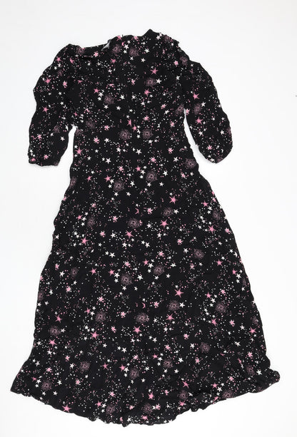 Marks and Spencer Womens Black Geometric Viscose A-Line Size 10 Round Neck Zip - Star Print