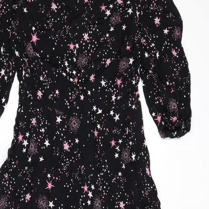 Marks and Spencer Womens Black Geometric Viscose A-Line Size 10 Round Neck Zip - Star Print