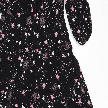 Marks and Spencer Womens Black Geometric Viscose A-Line Size 10 Round Neck Zip - Star Print