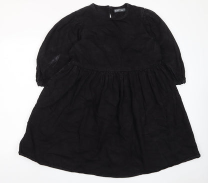 Denim & Co. Womens Black Cotton A-Line Size 12 Crew Neck Button - Pleated