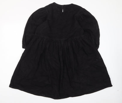 Denim & Co. Womens Black Cotton A-Line Size 12 Crew Neck Button - Pleated