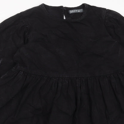 Denim & Co. Womens Black Cotton A-Line Size 12 Crew Neck Button - Pleated