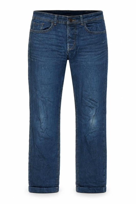 Front view of Denim & Co. men’s blue cotton straight jeans, size 32, in, 32-inch leg regular button - pockets