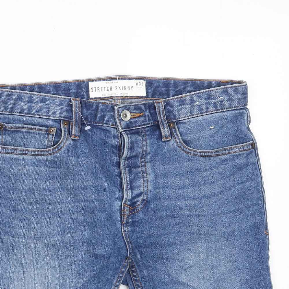 Topshop Mens Blue Cotton Bermuda Shorts Size 30 in L11 in Slim Button - Stretch, Pockets